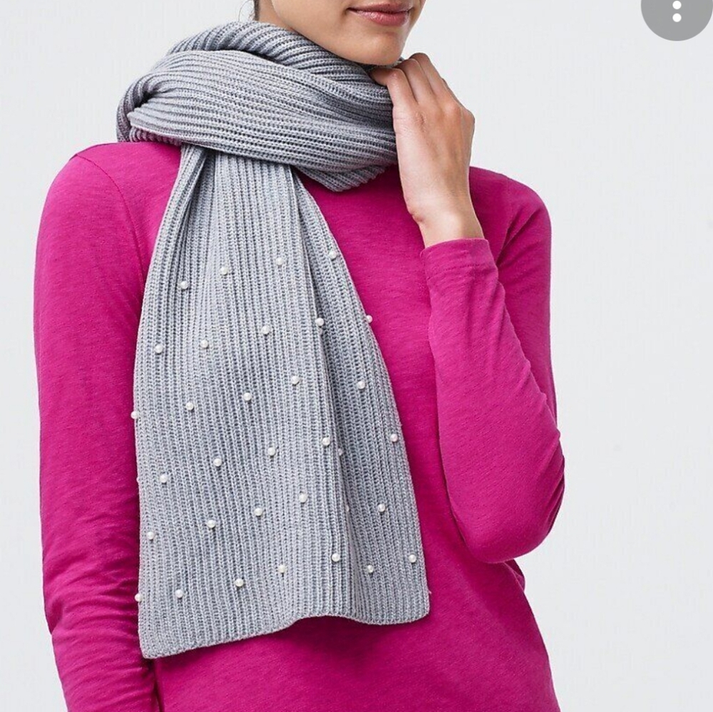 J.Crew Gray Ribbed Scarf with Pearl Accents